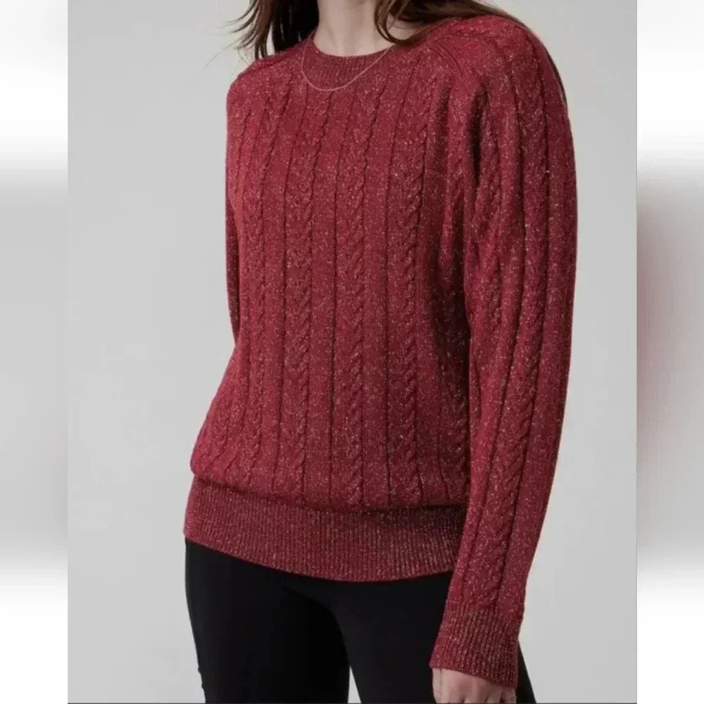 ATHLETA Crossroads Crewneck Sweater Red Metallic Cable Knit. Ladies size xs